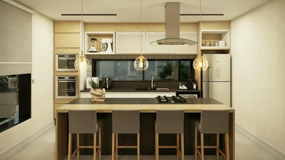Cocina planificada con iluminación enfocada en la encimera y la placa de cocción, ideal para tareas.