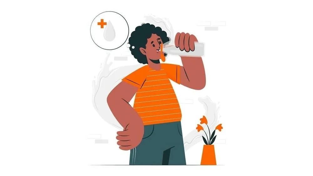 Ilustración de un hombre bebiendo agua de una botella, con un símbolo de gota y signo de más, representando hidratación y el uso del agua de la cisterna.
