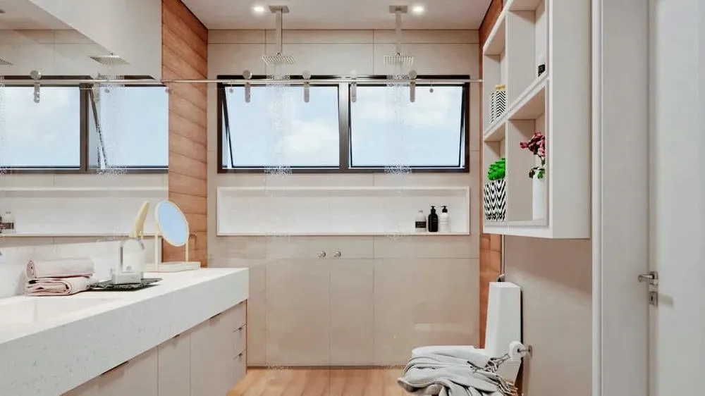 Imposing bathroom with large mirror and large shower enclosure, highlighting sophistication and functionality, from the Budapest Project.