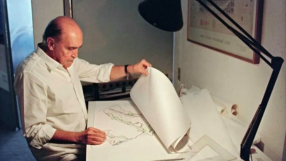 Representação artística do legado de Oscar Niemeyer, com destaque para suas formas curvas e o uso do concreto armado.