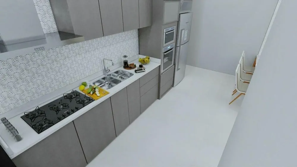 Linear kitchen with open shelves and focused lighting, with simple and functional design.