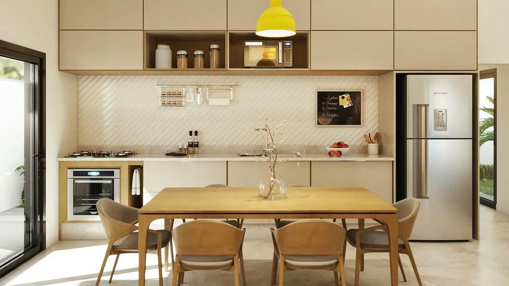 Linear planned kitchen layout, optimizing narrow spaces and offering fluidity, as in the Uruguay Project.