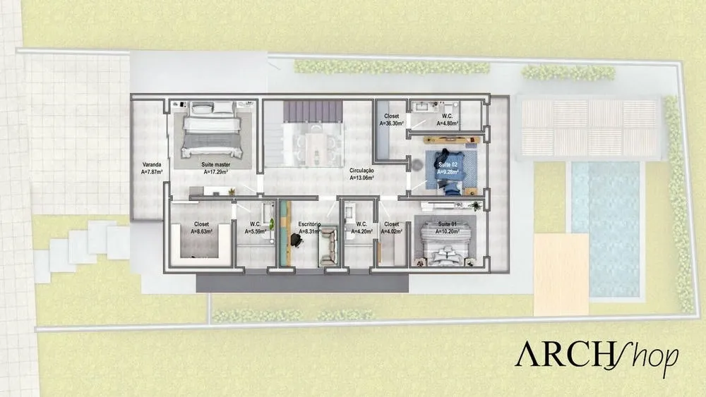 Upper floor plan of the Lisbon Project, with 3 suites, closet, and spacious bathroom.