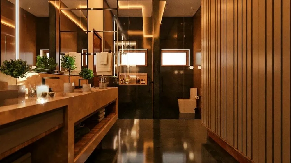 Luxurious bathroom with large mirrors and planned lighting, part of a high-standard project, from the Burgundy Project.