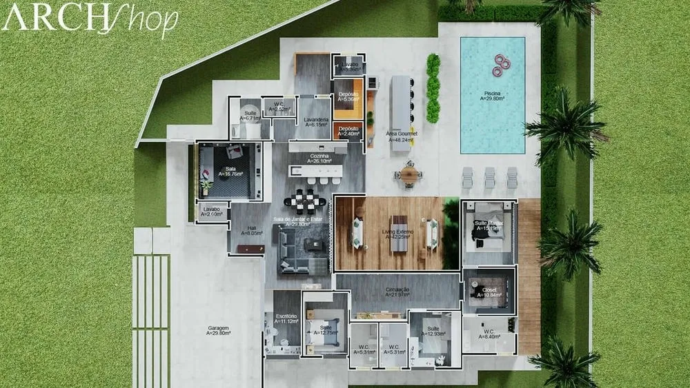 Humanized floor plan of the Malaysia Project, a single-story house with four bedrooms and complete leisure area.
