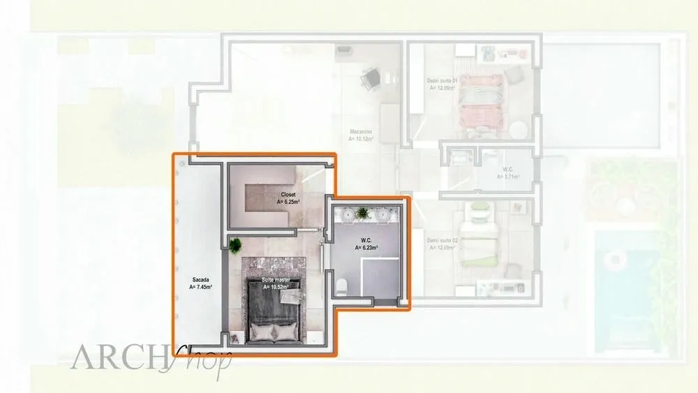 Master suite with private balcony and closet entry, offering a modern and functional design.