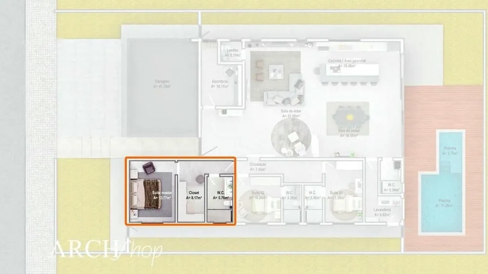 Master suite with entrance hall and L-shaped closed closet, providing an elegant and functional design.