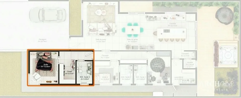 Master suite with hall, L-shaped closet, and corner front window, maximizing natural light and design.