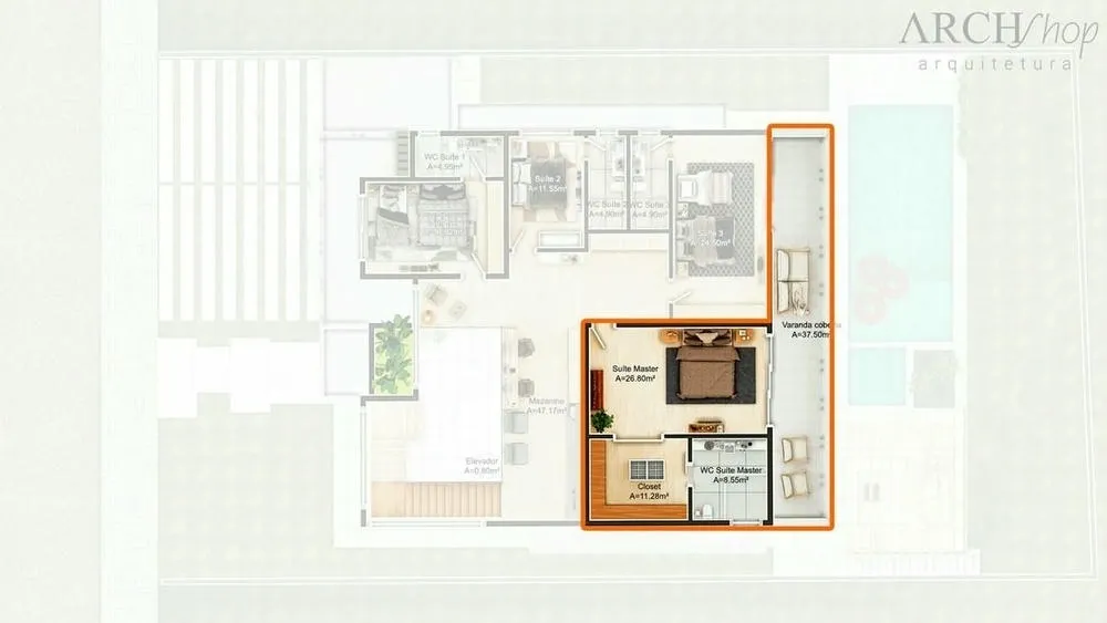 Master suite with large bedroom, L-shaped closet with island, and shared balcony, ideal for spacious and luxurious environments.