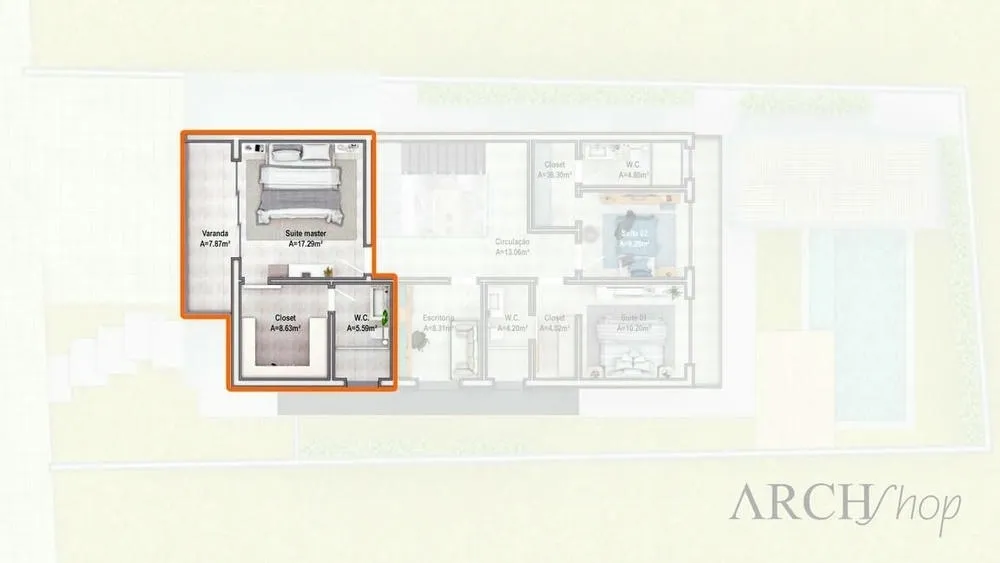 Master suite with private balcony and closed closet, providing luxury and privacy in the design.