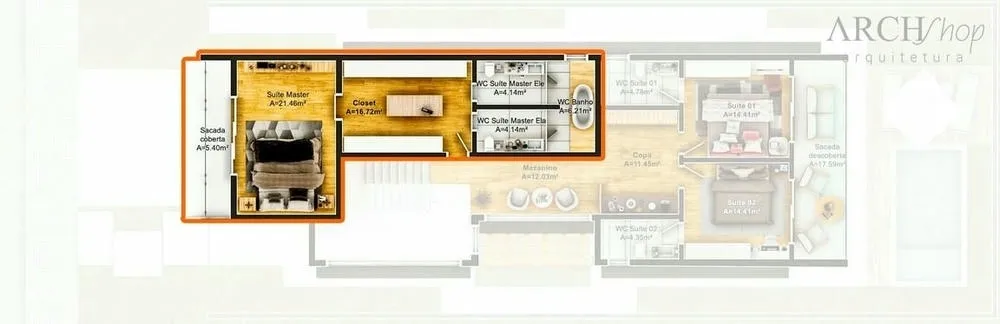 Master suite with private balcony, island in the closet, and double bathroom, maximizing comfort and functionality.