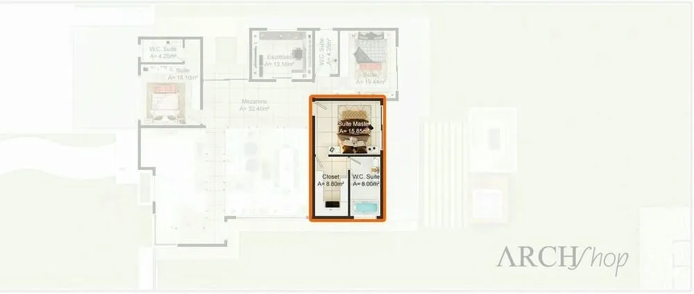Master suite with U-shaped closet and hydromassage in the bathroom, offering a luxurious and relaxing environment.