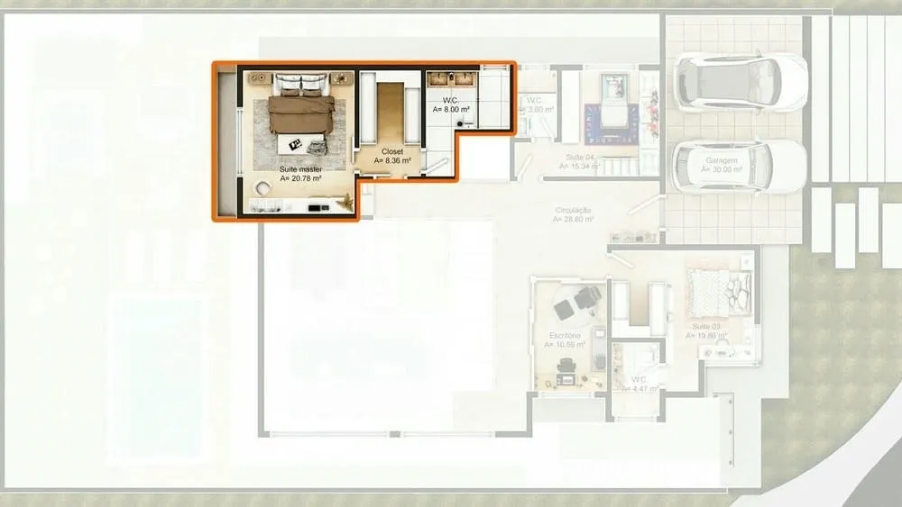 Master suite with U-shaped closet and double sink in the bathroom, combining functionality and modernity.