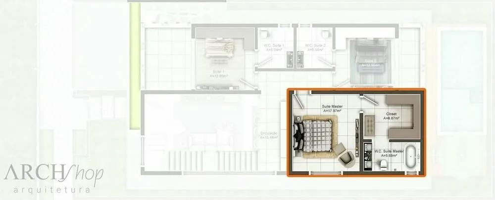 Master suite with U-shaped closet and bathtub for relaxation, offering a comfortable and sophisticated environment.