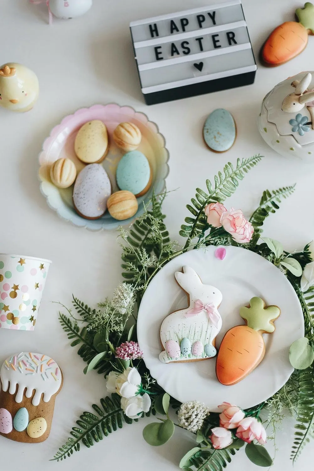 Mesa de Páscoa com biscoitos decorados em formato de coelho, cenoura e ovos, dispostos em pratos coloridos e cercados por folhagens e flores.