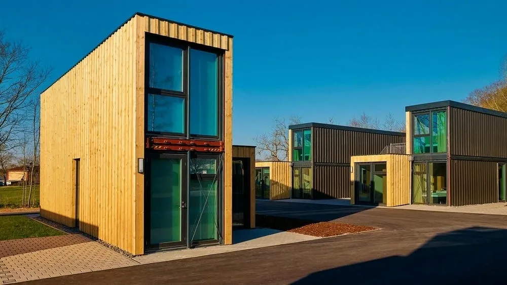 Two modern modular houses, one with wood cladding and the other with dark metal, with large windows, in an outdoor environment with lawn.