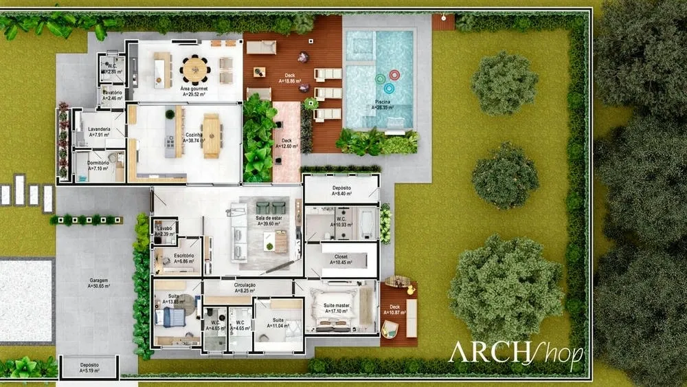 Humanized floor plan of the Miami Project, a single-story house with four suites, gourmet area, and pool.