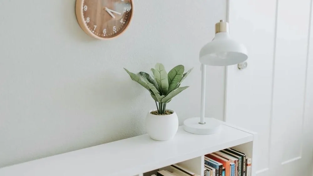 Detail of an environment with minimalist decor, displaying a small plant in a white pot, a white desk lamp, and a wooden clock on the light-colored wall.