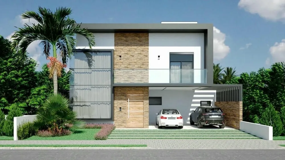 Modern two-story house with a white facade and wooden and stone details, with an upper platband. The platband has a minimum height to hide the roof.