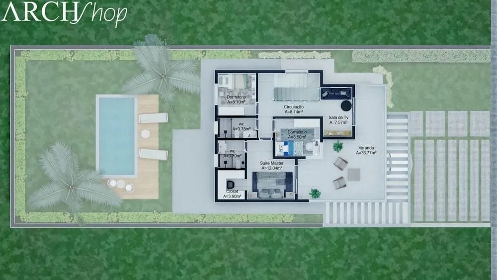 Modelo de plano de casa con cuatro dormitorios con concepto abierto y espacios amplios, ideal para integración familiar.