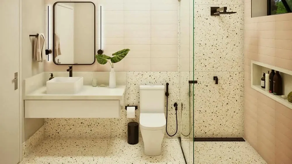 Modern bathroom with neutral tones, elegant coverings, and recessed lighting, part of the Porto Project.