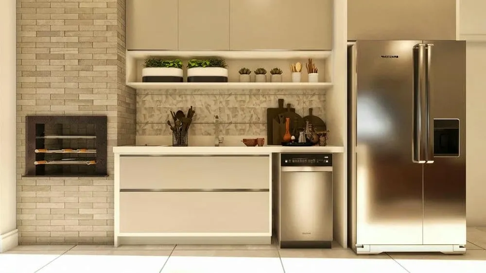 Modern gourmet space with integrated barbecue, counter, and dining table, offering functionality.