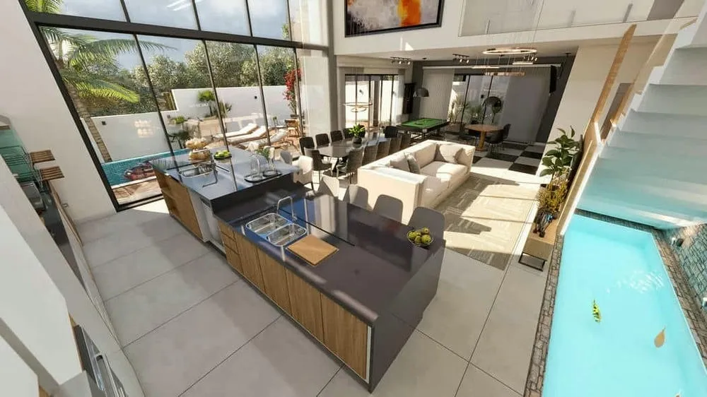 Modern gourmet space integrated into the pool, with design that prioritizes functionality and leisure.