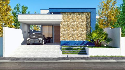 Modern facade of a single-story house with 3 suites, highlighting stone cladding and vibrant blue details.