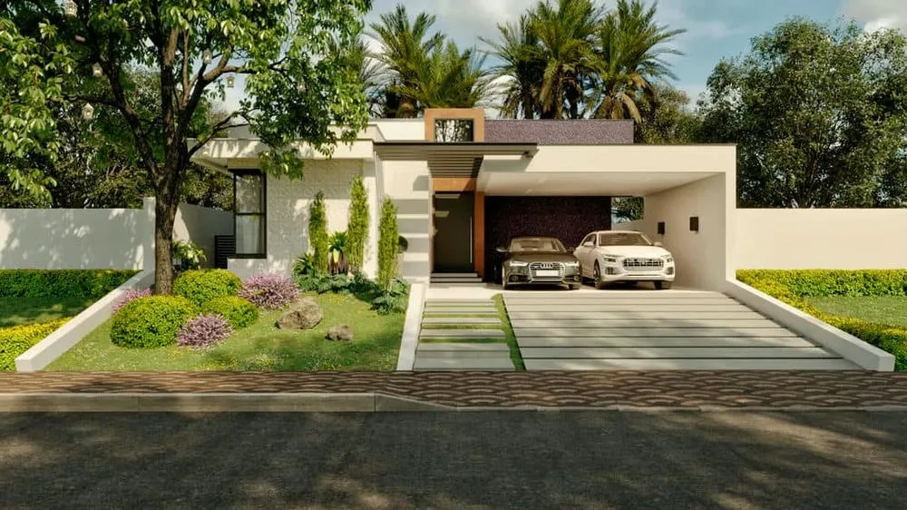 Modern house facade with pergola and front landscaping, creating a cozy atmosphere integrated with nature.