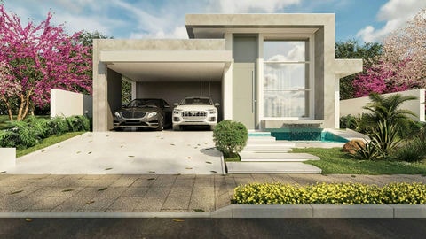 Modern house plan with 3 bedrooms and pool.