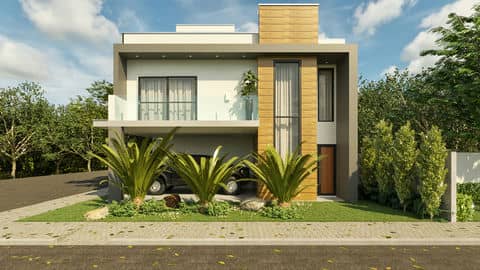 Modern house plan with front balcony.