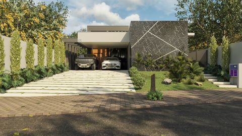 Modern facade of a single-story house with 3 suites. Highlights include marble cladding with geometric lines, covered garage, and lush landscaping.
