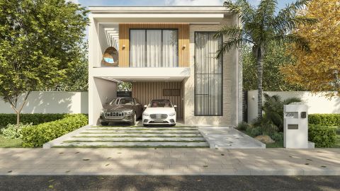 Facade of a modern two-story house with 3 bedrooms, a suite, a gourmet area, and a pool. Project for a 10x25 lot.
