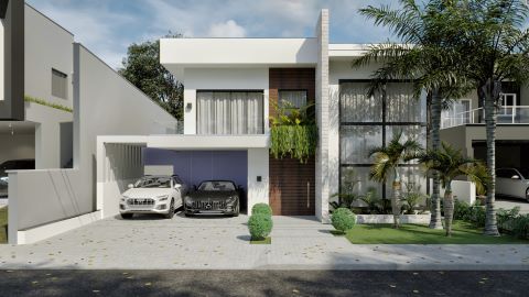 Modern two-story house facade with large windows, wooden details and vertical vegetation, covered garage and visible pool.