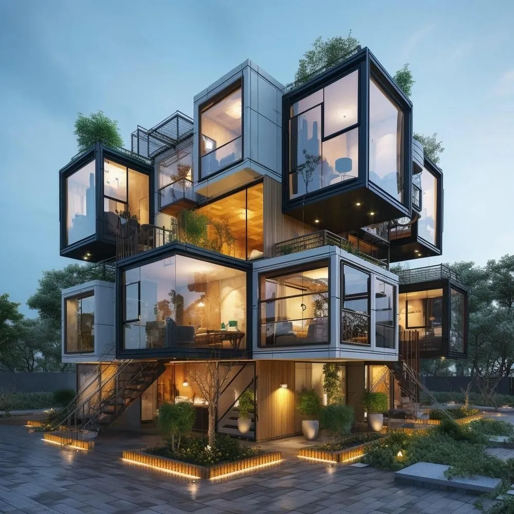 A complex of modular buildings with large windows, illuminated from within, and with green areas on the terraces.