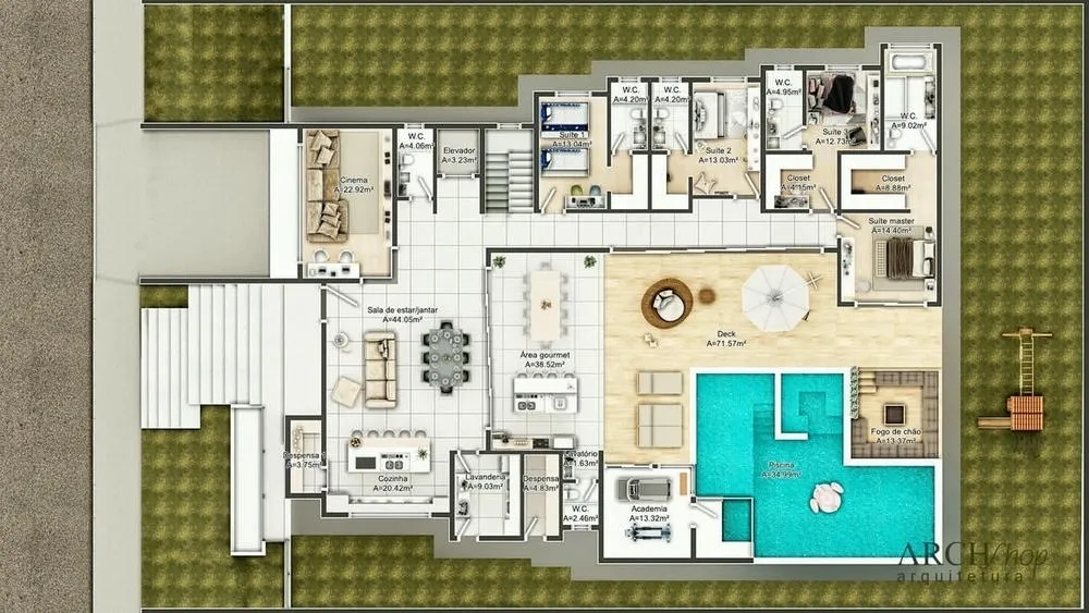 Ground floor plan of a luxury house, with social areas and pool access.