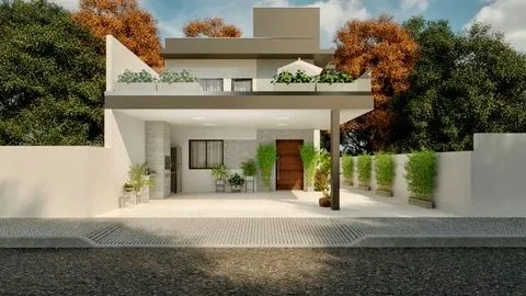 Modern facade of a small two-story house with double-height ceiling and front terrace, Morocco Project.