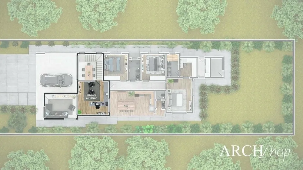 Upper floor plan of the Munich Project, a single-story house with 3 bedrooms and open concept.