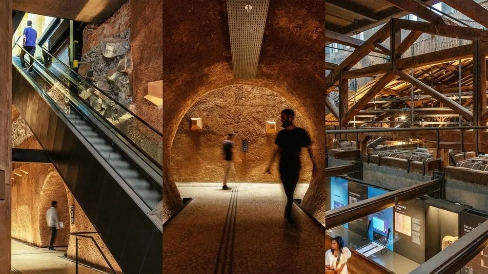 Interior del Museo de Ipiranga con escaleras mecánicas y elementos de ladrillo expuesto después del retrofit.