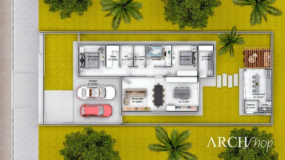 Humanized floor plan of the Naples Project, a single-story house with three bedrooms and separate gourmet area.