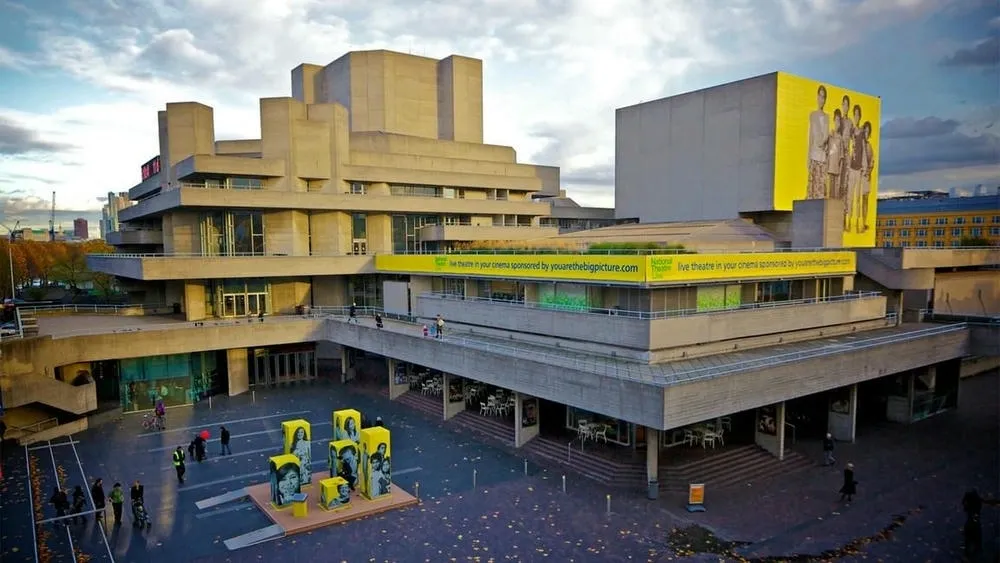 Aerial view of the National Theatre in London, United Kingdom, with its imposing brutalist architecture and interconnected terraces.