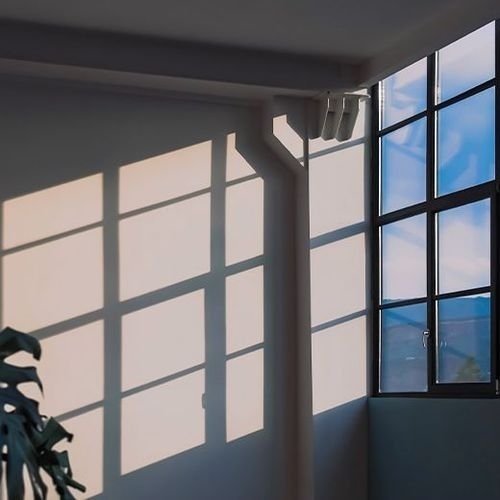 Large window with a dark frame, allowing sunlight to enter and form shadow patterns on the light-colored wall. A subtle plant appears in the lower left corner. The environment conveys a sense of calm and brightness.