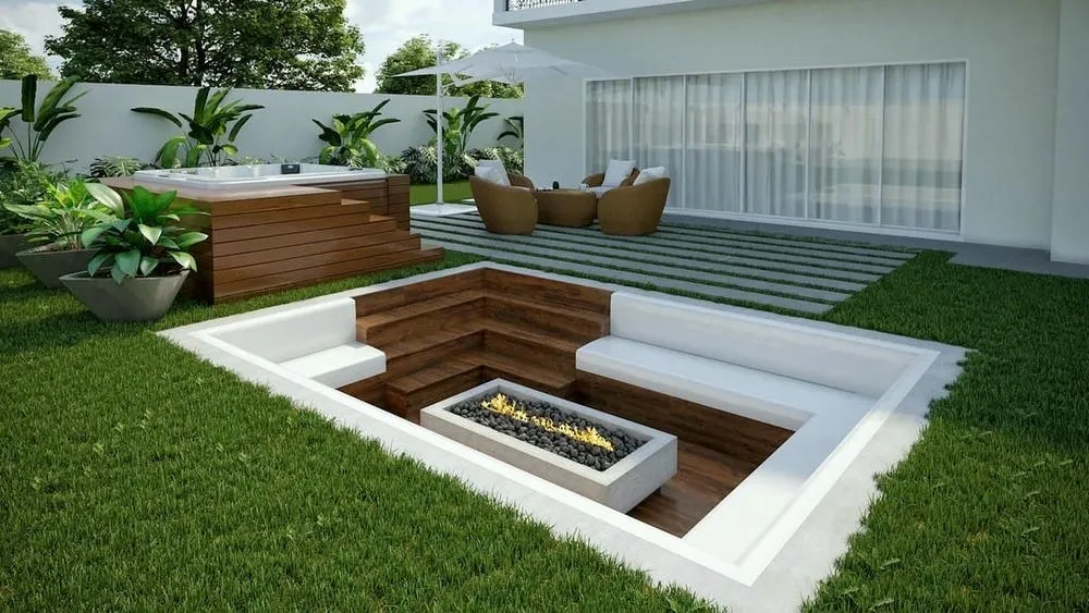 Fire pit in neoclassical style, part of ArchShop's Rome Project, complementing luxury architecture.