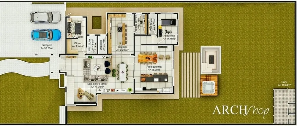 Neoclassical four-bedroom house plan, two-story with double height ceiling and spacious areas.