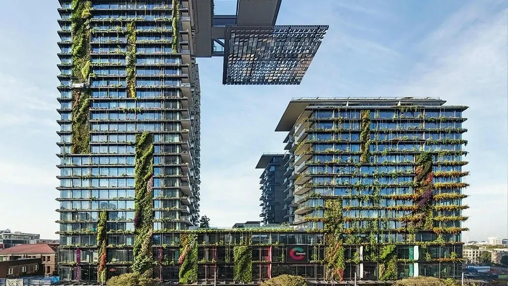 Facade of One Central Park in Australia, with vertical gardens covering part of the building.