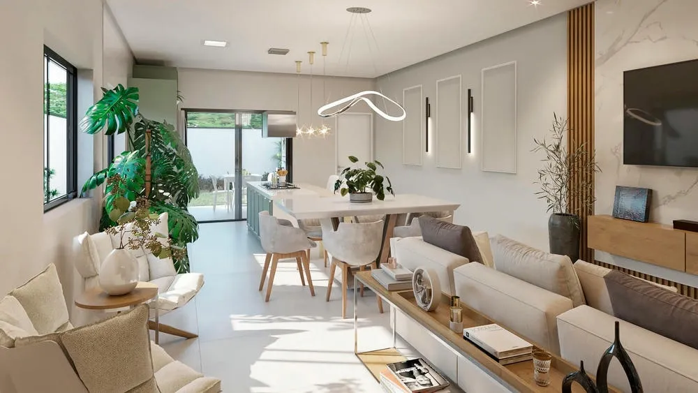 Open concept environment with soft tones, integrated living room and kitchen, and access to the gourmet area.