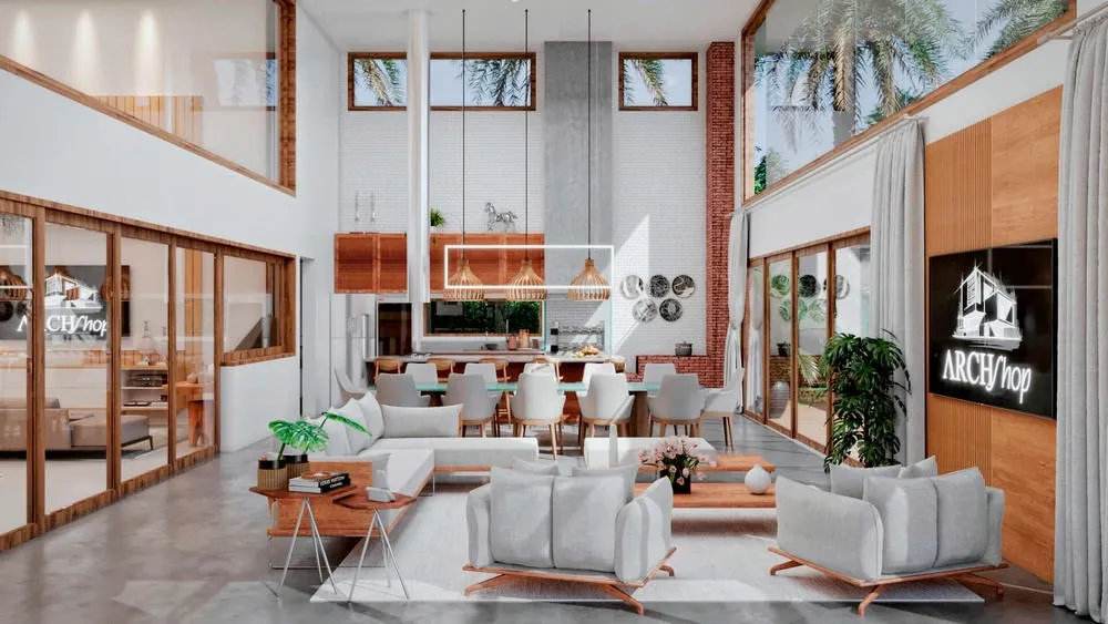 Open concept environment with visual unity, using cohesive colors and textures for continuous harmony.