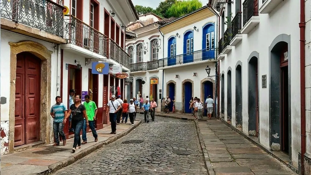 Calle empedrada en Ouro Preto, Minas Gerais, con casonas coloniales coloridas y personas caminando.