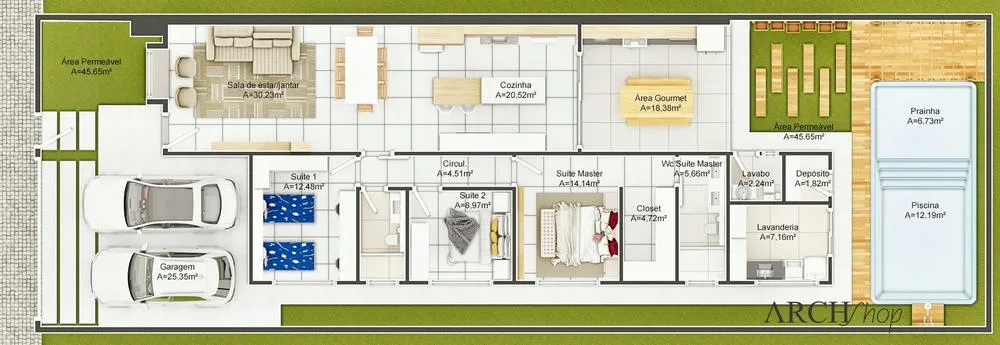 Floor plan of the Panama Project, showing 3 bedrooms and functional gourmet area.