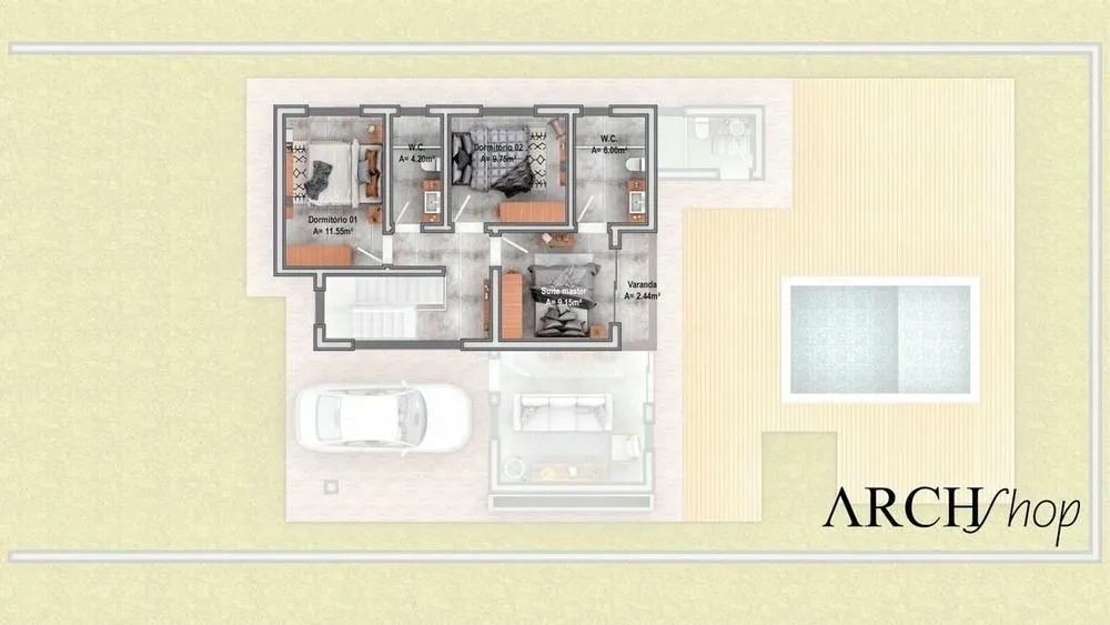 Pavimento térreo de uma planta de casa de campo, sobrado com 3 quartos e telhado aparente, Projeto Havana.